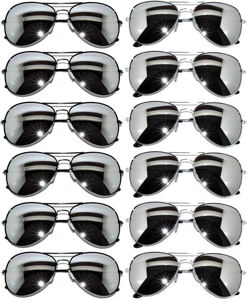 OWL Classic Aviator Mirrored Lens Sunglasses Black, Silver Frames 12 Pack Wholesale Aviation Party Glasses - Image 1